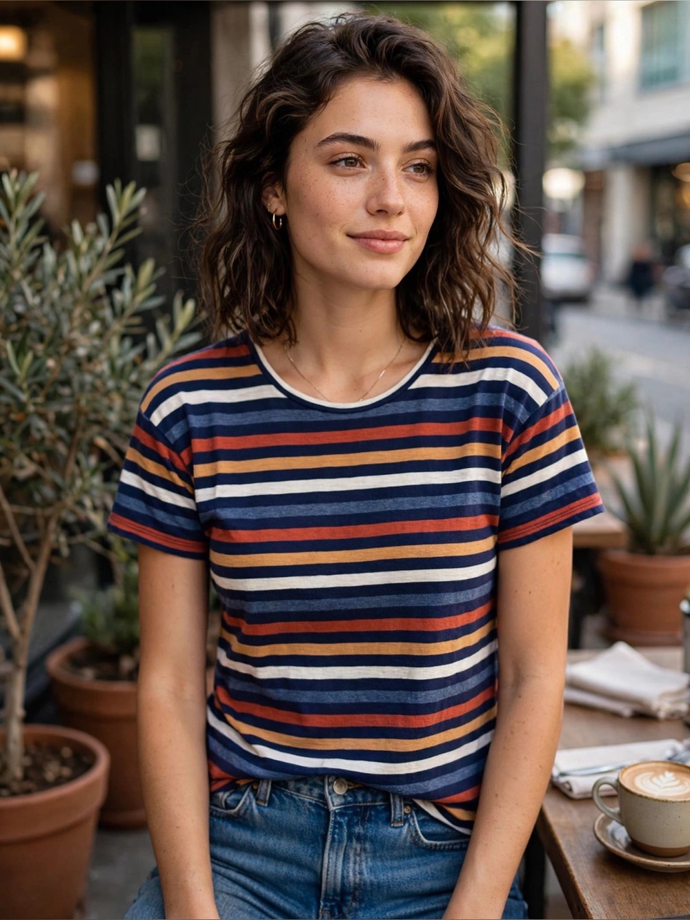 Madewell Navy, Rust & Mustard Striped Short Sleeve Women’s Crewneck - Large